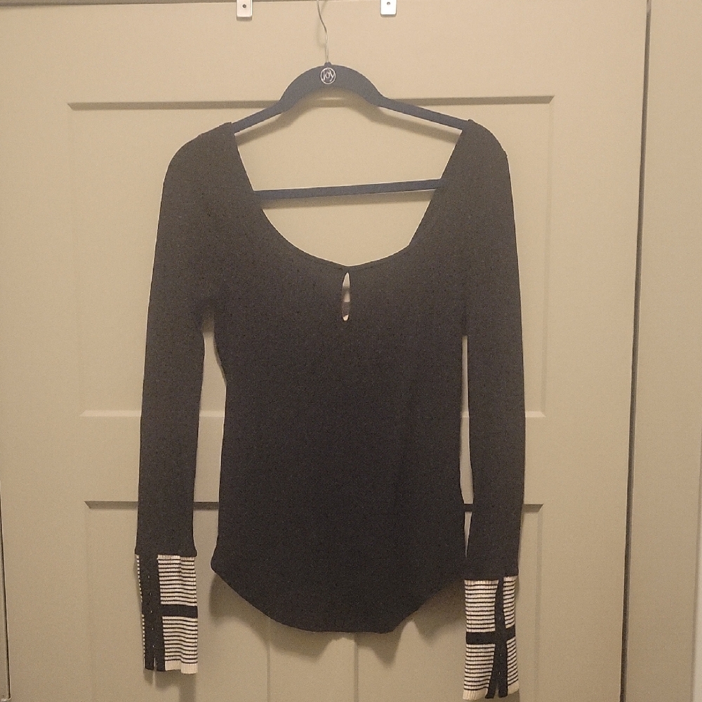 We The Free Black Long Sleeve Top with Striped Cuffs